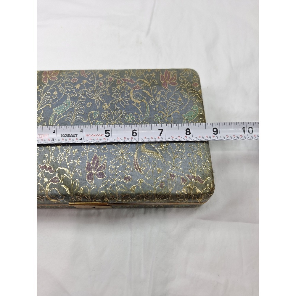 Vintage Blue Silk Brocade Jewelry Box Gold Floral Bird Pattern with Key - Picture 8 of 13